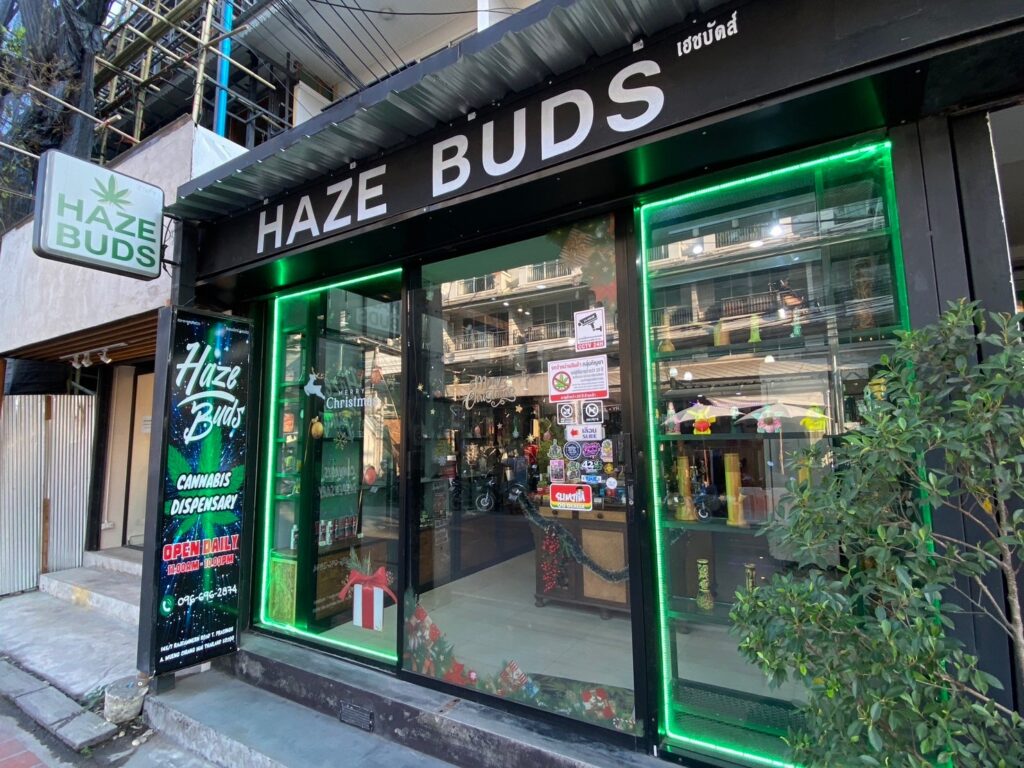Haze Buds Store Front with green neon lights
